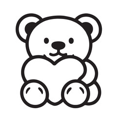 Obraz premium Cute bear holding heart, cartoon style, black and white, simple line drawing, adorable