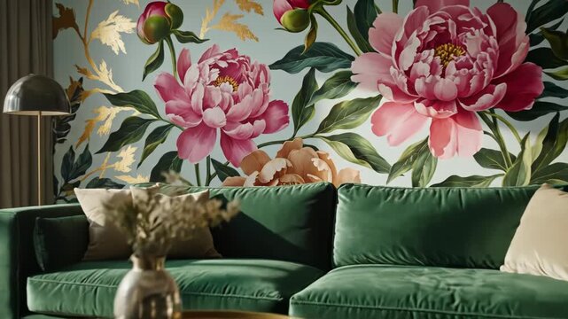 Cozy living room with green velvet sofa and floral wallpaper