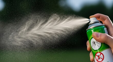 A hand holding and spraying an insecticide aerosol can outdoors
