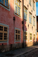 Exterior view of a building with pink wall and yellow windows.