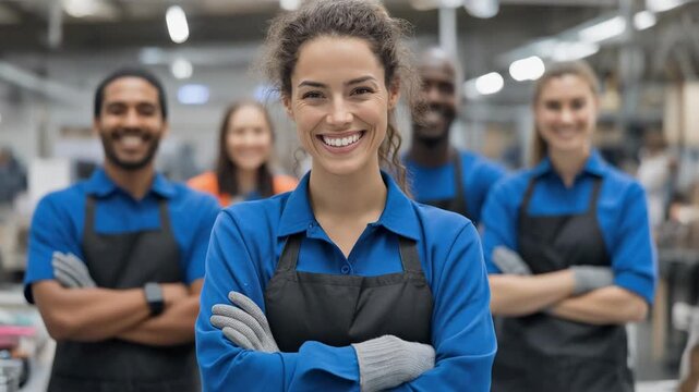 A smiling team of workers in a factory setting, showcasing teamwork and positivity.