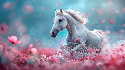 Photorealistic horse with iridescent coat running through neon wildflowers.