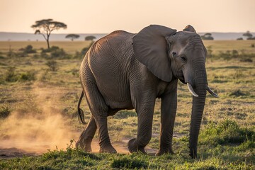 Fototapeta premium Majestic elephant walking through savannah at golden hour