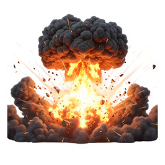 Intense Nuclear Explosion with Fiery Blast and Flying Debris on White Background bomb detonation