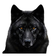 Intense Close-up Portrait of a Black Wolf with Glowing Orange Eyes Keywords: wolf, black wolf, canine, wild animal, predator, animal portrait, close-up, intense gaze, orange