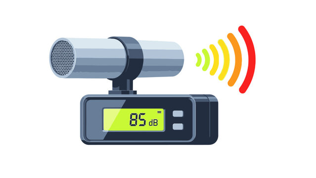 Digital sound level meter with cylindrical microphone displaying 85 decibels on screen against a clean white background.