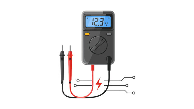 Multimeter with digital display and test leads connected to a circuit on a white background with a shallow focus effect.