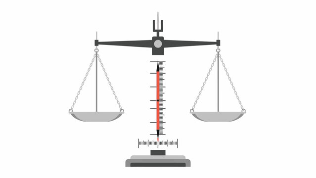 A precision balance scale with two empty pans and a red measurement indicator on a white background.