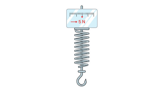 A detailed illustration of a metal spring scale with a hook and a force measurement display showing +5N against a clean white background.