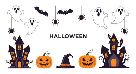 Obraz premium Detailed Halloween display with ghosts, bats, spiders, carved pumpkins, a witch hat, and two spooky haunted houses.