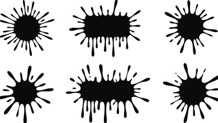 A set of black ink splatters on a white background