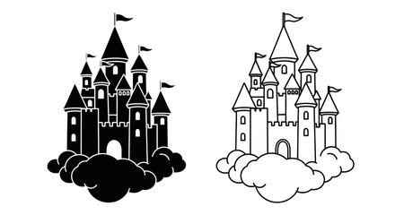 Fototapeta premium Fairytale castle illustration black and white