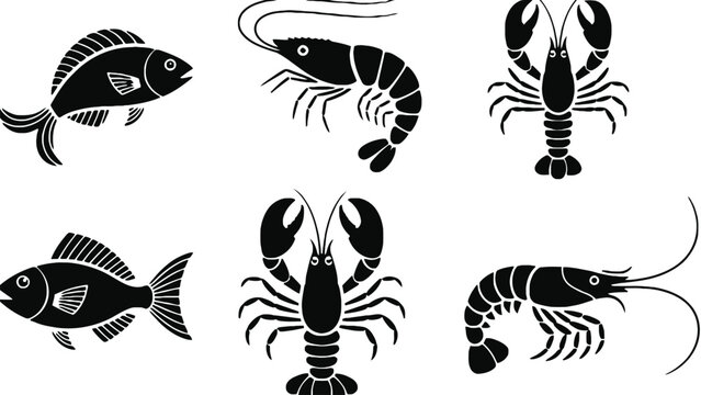 A set of black and white seafood icons on a plain background