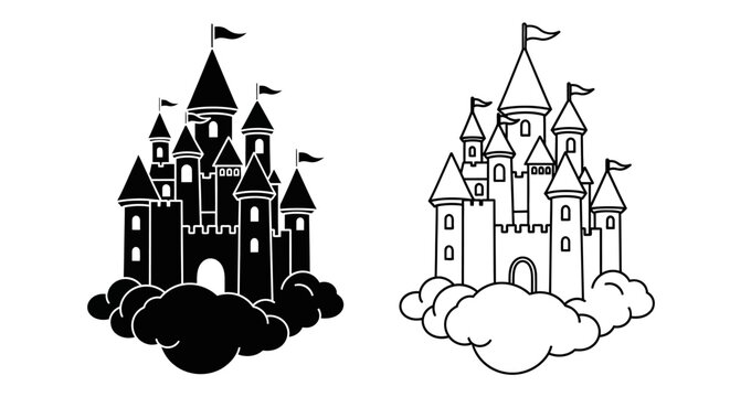 Fairytale castle illustration black and white