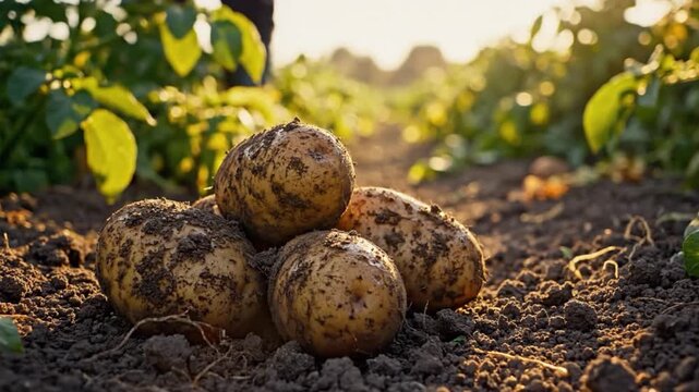 A cluster of freshly harvested potatoes sits on the earthy ground under warm sunlight