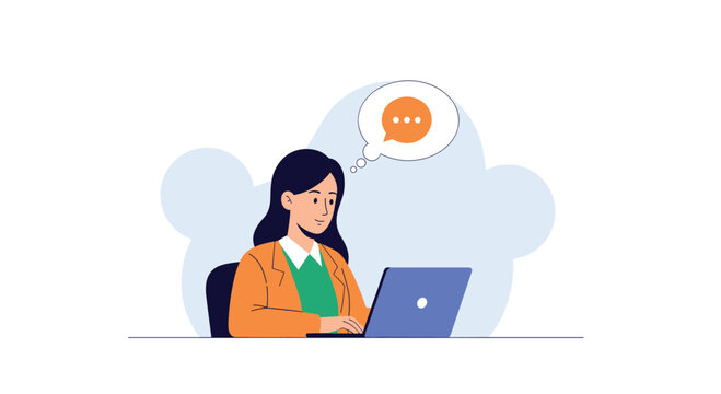 Young woman in an orange jacket works on a laptop with a thought bubble containing an ellipsis above her head in a simple modern illustration.