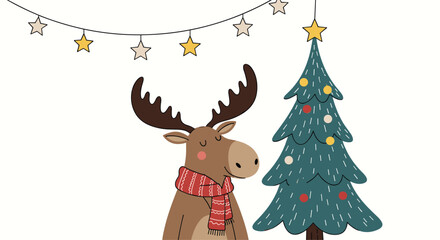 Naklejka premium Festive Christmas illustration of a cute moose wearing a red scarf standing next to a decorated evergreen tree and stars.