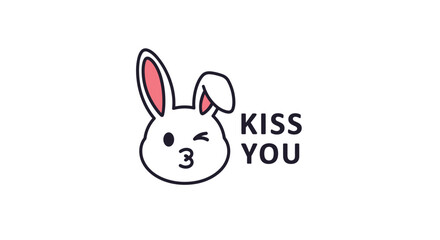 Obraz premium Cute white bunny head winking and blowing a heart shaped kiss with the text kiss you written in a simple cartoon style.