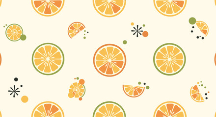 Seamless pattern of whole and sliced orange fruits with retro starbursts and dots in warm colors on a cream background.