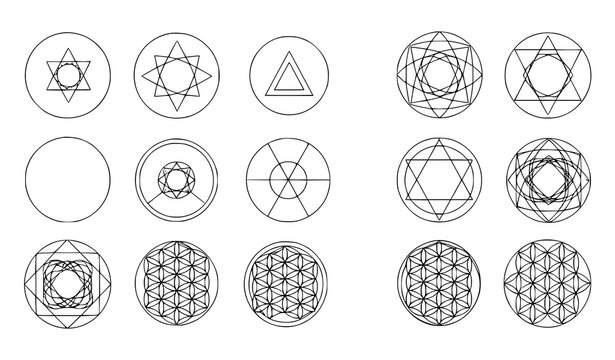 Sacred geometry shapes flat vector set with minimal spiritual geometric symbols