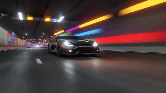 Black sports car speeding through neon‑lit tunnel with vibrant multicolored lights and motion blur.