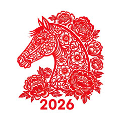 Red Chinese Paper Cutting Horse with Flowers and Year 2026 on Transparent Background year of the horse