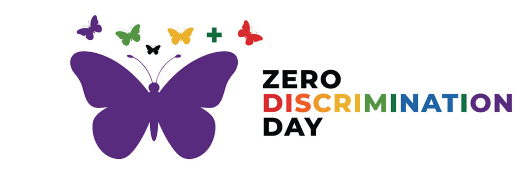 Zero discrimination day awareness banner with purple butterfly symbol promoting equality, diversity, inclusion and human rights on march 1