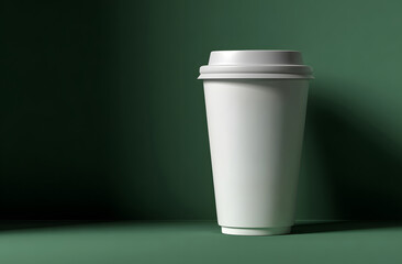 White paper coffee cup with lid on dark green background, minimalist. Clean mockup image for branding, logo presentation, packaging design, cafe advertising, sustainable takeaway beverage concepts.