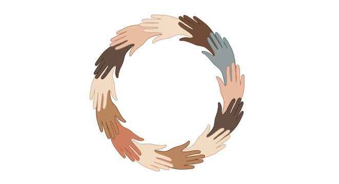 Illustration of diverse hands forming a circle on a white background, symbolizing unity and humanity on Freedom Day, representing people and design elements in a flat, iconic style with a