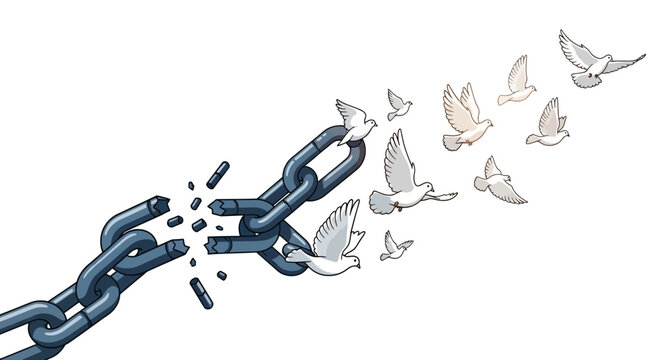 Illustration of a broken chain with white doves flying away on a white background, symbolizing freedom and humanity.