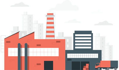 Obraz premium Industrial landscape with factory buildings and smokestack viewed from a distance in a cityscape environment