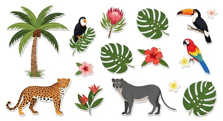 Naklejka premium A colorful illustration of tropical animals and plants on a white background