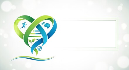 A vibrant green and blue heart shaped logo with various health symbols