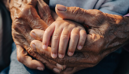 Fototapeta premium An elderly hand gently holding a young child's hand.