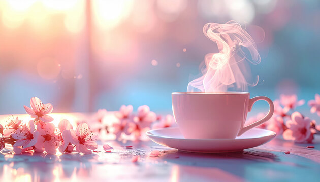 Spring cozy coffee. Steaming cup of tea on table surrounded by cherry blossoms, with warm, glowing sunset in background
