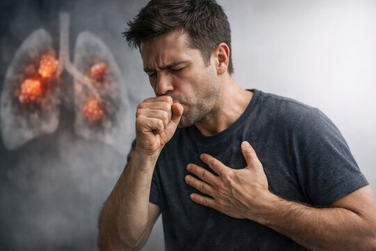 Sick man coughing into hand with painful expression and lungs illustration showing inflammation or infection