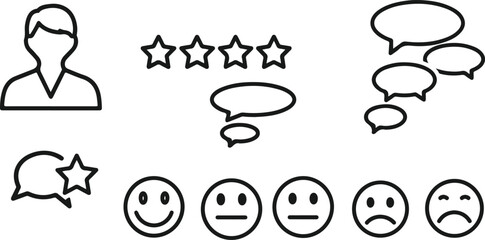 Fototapeta premium Customer feedback and review elements with rating stars, speech bubbles, and emotional emoticons