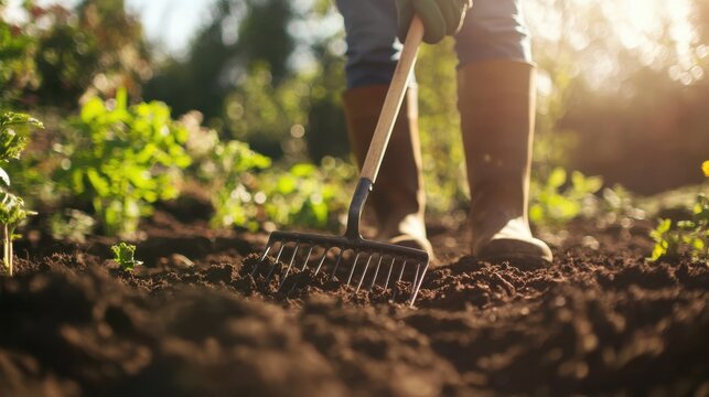Gardener in boots working with rake on brown soil in sunny garden preparing ground for spring planting season