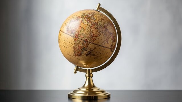 Vintage golden globe on a dark surface with a moody, dramatic background lighting, symbolizing geography, travel, and education