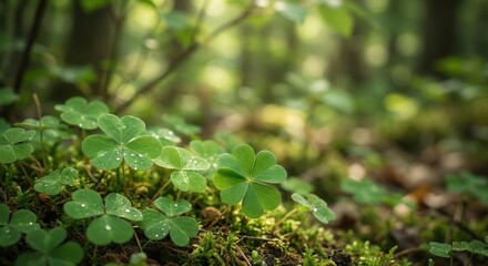 Vibrant Green Clover and Moss in a Lush Forest Environment with Sunlight.