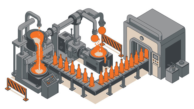 Industrial manufacturing process with conveyor belt and orange liquid filling machines in factory setting