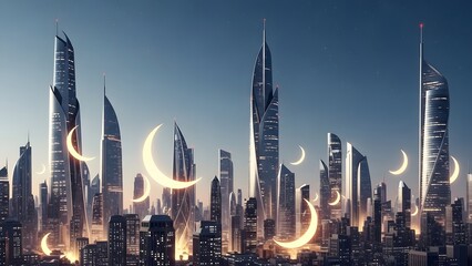 Futuristic Neon Arc City Skyline at Dusk.