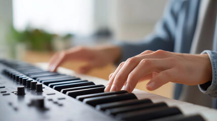 Fototapeta premium Musician's hands playing a modern electronic keyboard, creating music and expressing artistic creativity, focusing on individual talent and musical concepts, copy space