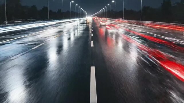 Light trails from imaginary vehicle headlights on a dark, wet highway, top-down.