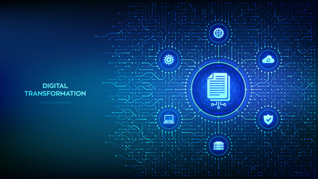Digital transformation. Digitization of business processes modern technology concept. Disruption, innovation solutions. Background with circuit board connections and tech icons. Vector Illustration.
