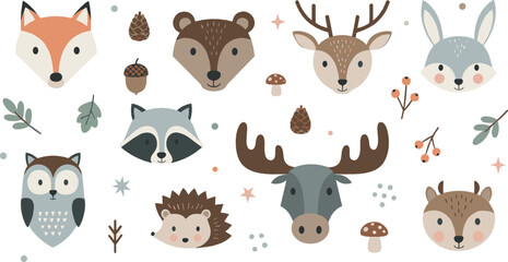 Naklejka premium Cute woodland animal face vector set with fox, bear, deer, moose, raccoon, owl, hedgehog, autumn leaves, and forest cartoon characters