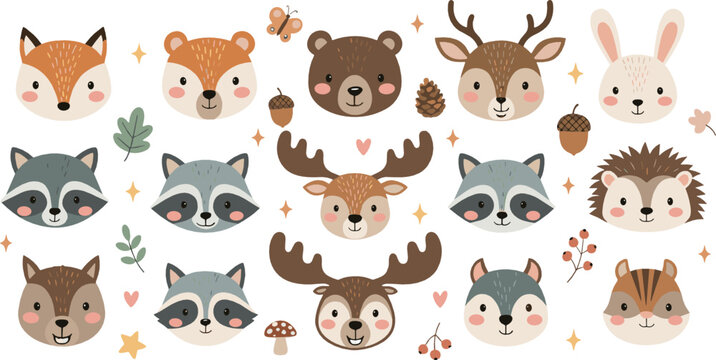 Cute woodland animal face vector set with fox, bear, deer, raccoon, moose, hedgehog, autumn leaves, and adorable forest cartoon characters