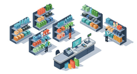 Fototapeta premium Isometric grocery store interior with shelves, products, cashiers, and customers shopping for groceries, retail concept illustration
