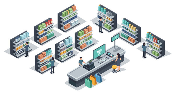 Isometric illustration of a modern supermarket interior with aisles, shelves stocked with products, and customers at the checkout counter, depicting a retail environment