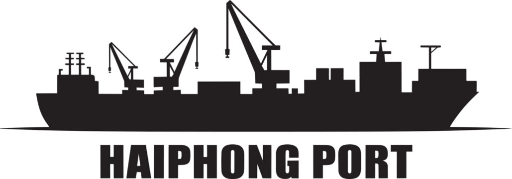 Haiphong port container ship vector silhouette illustration with cranes and freight